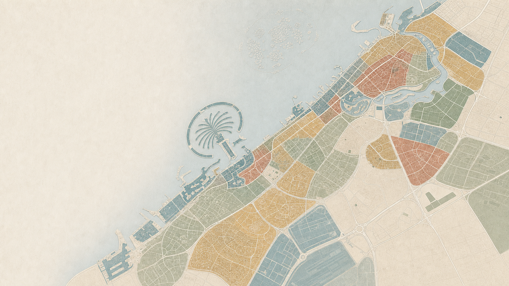 Architectural map of Dubai with softly colour-coded districts